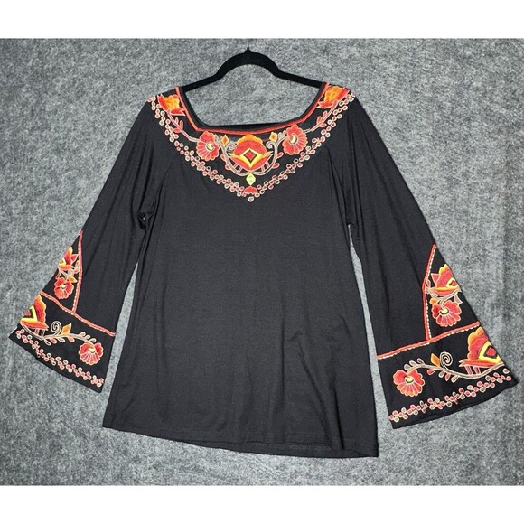 Vintage Collection Embroidered Tunic Top Blouse Black  Bell Sleeves Size  L - Picture 1 of 7